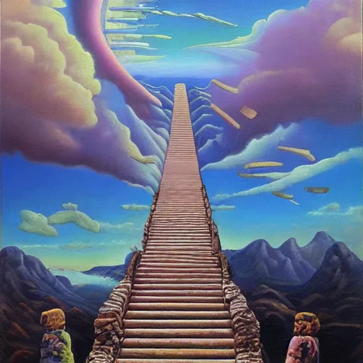Prompt: stairway to heaven, surrealism, oil on canvas, high detail, masterpiece