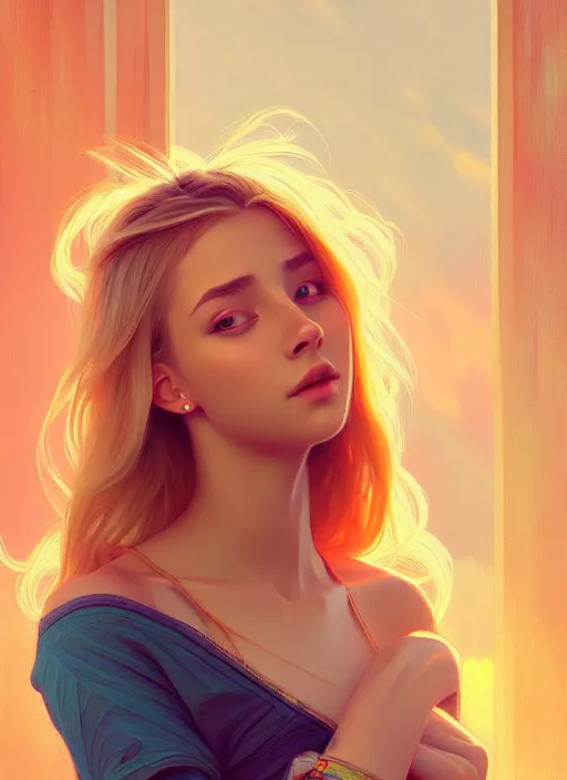 Image similar to attractive young women with shoulder length blonde hair, half body shot, path traced, highly detailed, high quality, digital painting, alena aenami, lilia alvarado, shinji aramaki, karol bak, alphonse mucha, tom bagshaw