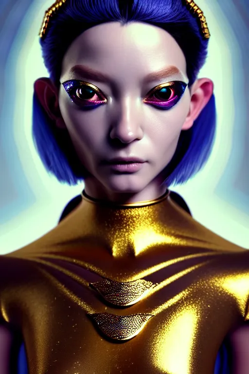 Image similar to hyperdetailed portrait of a stunningly beautiful movie 3 0 years old french movie star androgynous woman guard made of iridescent metals, shiny gems, inspired by ross tran and wlop and masamune shirow and kuvshinov, concept art, intricate, photorealistic, octane render, rtx, hdr, unreal engine, dnd digital art by artgerm