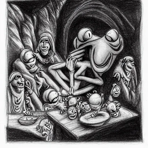 Prompt: Kermit the Frog in the deepest part of Hell, in the style of the Divine Comedy by Dante Alighieri, pencil sketch