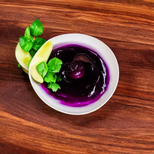 Image similar to mazamorra morada, garnish, trendy, elegant, michelin worthy, food photography, 4 k