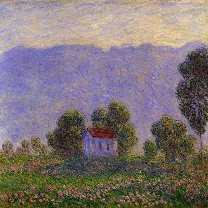 Image similar to a building in a serene landscape, by claude monet