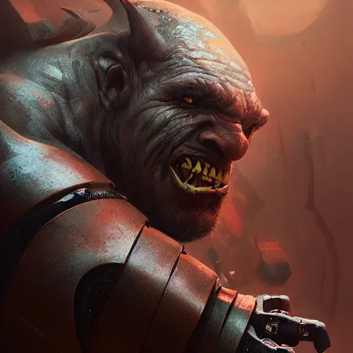 Image similar to portrait of an orc with a robotic hand,digital art,realistic,detailed,art by greg rutkowski