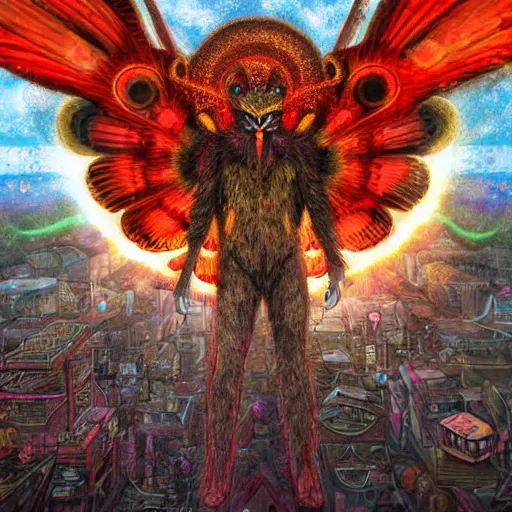 Image similar to 8K centered headshot Portrait of a psychedelic godlike mothman posing with a cigar with giant mandala wings smoking a hand-rolled cigarette smoking heavily , magic mushroom village in background , post-processing , award winning. superb resolution. in the art style of Satoshi Kon and Greg Rutkowski , Detailed Mushroom city in background , Hyper realistic anime , Perfect art , Dalle2