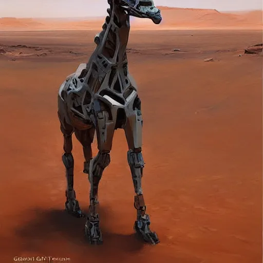 Image similar to a half robot giraffe walking on mars, trending on artstation, art by greg manchess, guangjian, detailed digital art, artstation hd