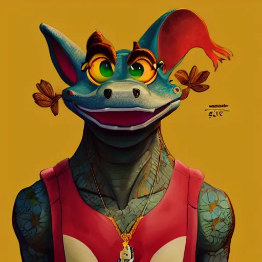 Image similar to in the style of artgerm, loish and ross tran, anthropomorphic alligator, symmetrical face, symmetrical eyes, red scales on his back, yellow scale on his belly and chest, male, waring a hawaiian shirt, in the style of zootopia