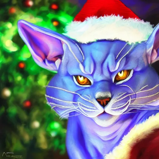 Image similar to an oil painting of a beerus the god of detruction wearing a christmas hat, by artgerm, hd, hdr, ue 5, ue 6, unreal engine 5, realistic 3 d style, cinematic 4 k wallpaper, 8 k, ultra detailed, gta 5 cover art, high resolution, artstation, award winning