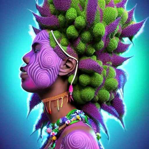 Image similar to a female african marijuanna! shaman with an afro made of flowers, third eye art art by machina infinitum, complexity from simplicity, rendered in octane, mandelbulb 3 d, ambient occlusion, macro photography, felt!!! texture, tribal, pastel! retrowave