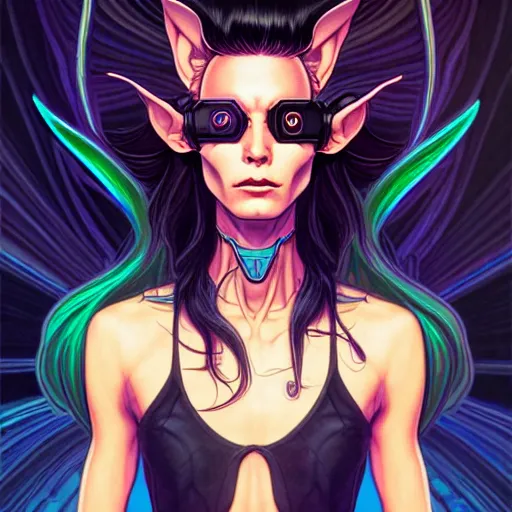 Prompt: portrait painting of a cyberpunk androgynous elf with beautiful flowing black hair and eyes, sharp focus, award - winning, trending on artstation, masterpiece, highly detailed, intricate. art by josan gonzales and moebius and deathburger