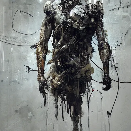 Image similar to cybernetic hunter, cyberpunk, wires, skulls, machines by emil melmoth zdzislaw belsinki craig mullins yoji shinkawa realistic render ominous detailed photo atmospheric by jeremy mann francis bacon and agnes cecile ink drips paint smears digital glitches glitchart