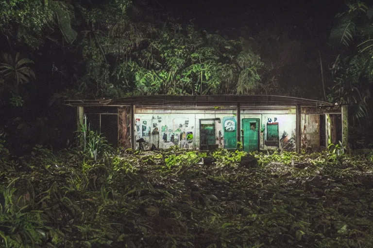 Image similar to an abandoned gas station in a jungle during nighttime and rain, dslr photo