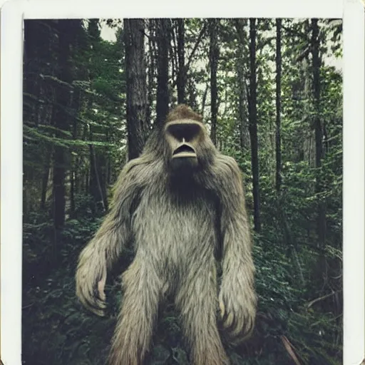 Image similar to “ a Polaroid picture of bigfoot hiding in a forest”