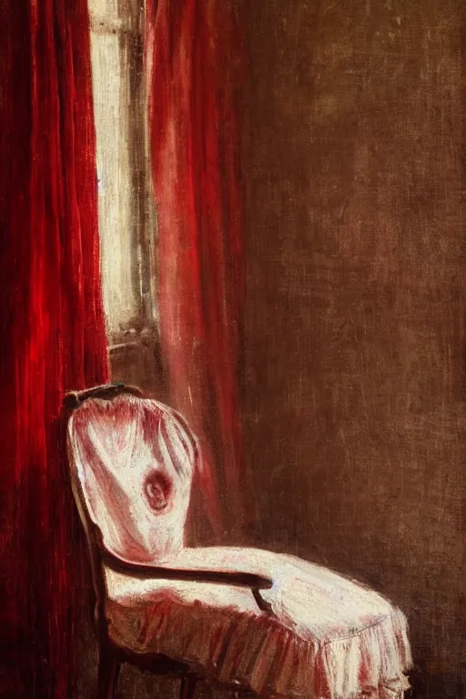 Image similar to an empty red dress laid across a chair in a dark victorian era room. in the style of american impressionism painting.