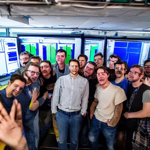 Prompt: selfie of a tight group of happy drunken hackers at a party in a highly detailed server room with computers everywhere and wires in a scif