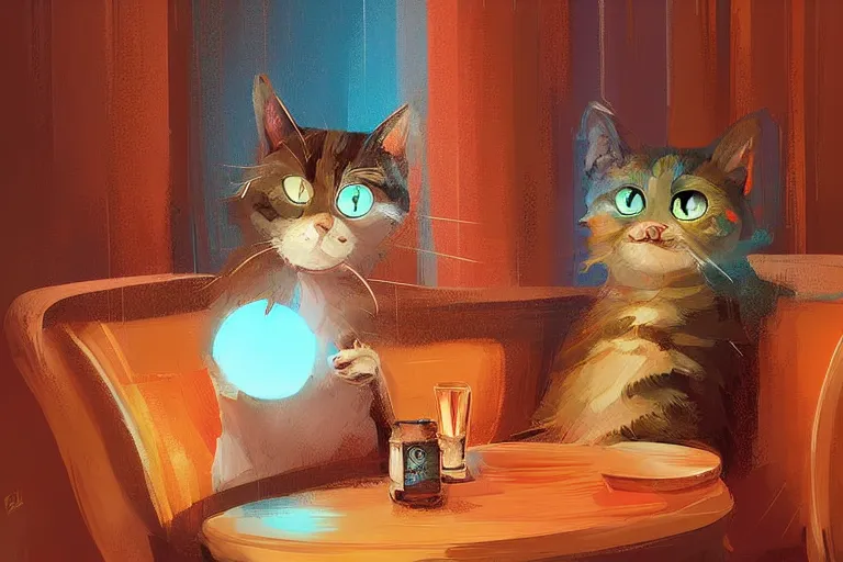 Image similar to a digital art of close up of a cat sits on a chair in a bar, animal, cute, light effect, highly detailed, by anton fadeev