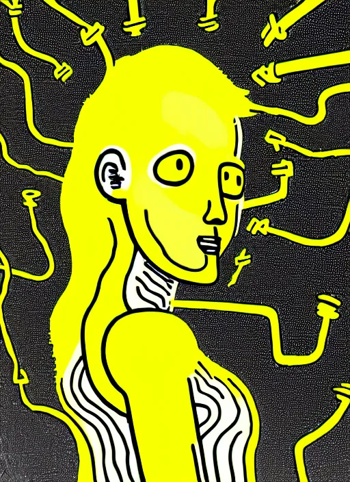 Prompt: highly detailed closeup portrait of wasteland wavy glowing yellow and white plasma hair cute happy tribal lady, stray electric spark wiring by jean jullien, 4 k resolution, gradient yellow, black and white color scheme!!! ( ( dystopian city background ) )