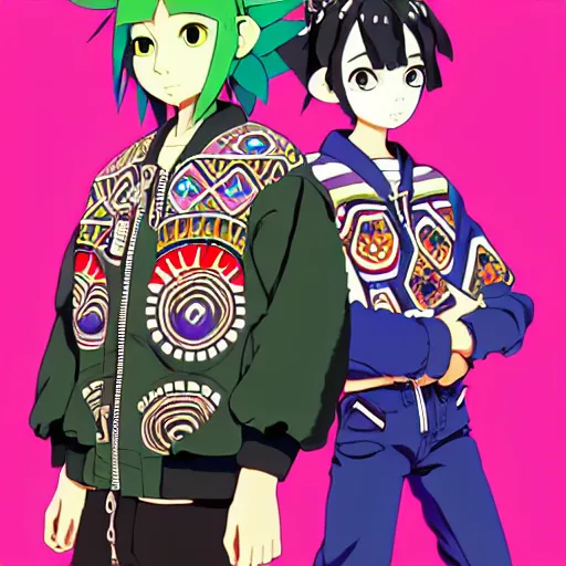 Image similar to majora majora's mask wearing oversized mayan bomber jacket with overalls, bulky poofy bomber jacket with mayan patterns, aztec street fashion, genshin impact art style, gapmoe yandere grimdark, trending on pixiv fanbox, painted by greg rutkowski makoto shinkai takashi takeuchi studio ghibli, akihiko yoshida