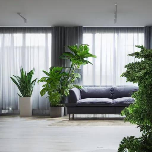 Image similar to a modern indoor room clean architecture, a couch, a couch table, some plants, daylight, peaceful, 8K octane render