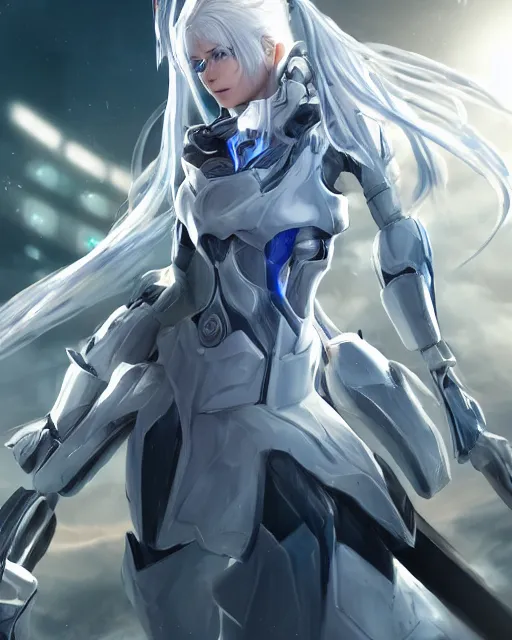 Image similar to perfect white haired girl, warframe armor, beautiful, dreamy, pretty face, blue eyes, portrait, detailed, bright light, scifi, amazing, utopian architecture in the background, laboratory, 4 k, ultra realistic, aura of light, cinematic, high detail, masterpiece, art by akihito tsukushi, akasuki brightmind