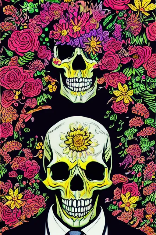 Image similar to large skull painted with vivid flowers on a black suit and tie by Jen Bartel and Dan Mumford and Satoshi Kon, gouache illustration