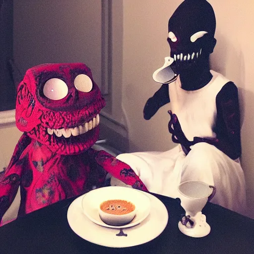 Prompt: my sleep paralysis demon having tea with the monster that lives under my bed, candid photograph