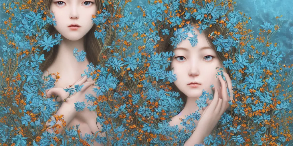 Prompt: breathtaking detailed concept art painting of few goddesses of light blue flowers, orthodox saint, with anxious, piercing eyes, ornate background, amalgamation of leaves and flowers, by Hsiao-Ron Cheng, James jean, Miho Hirano, Hayao Miyazaki, extremely moody lighting, 8K