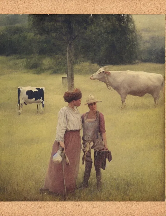 Image similar to portrait of peasant girl and cow on a farm, polaroid photo bleached vintage pastel colors high - key lighting, soft lights, foggy, by steve hanks, by lisa yuskavage, by serov valentin, by tarkovsky, 8 k render, detailed, oil on canvas