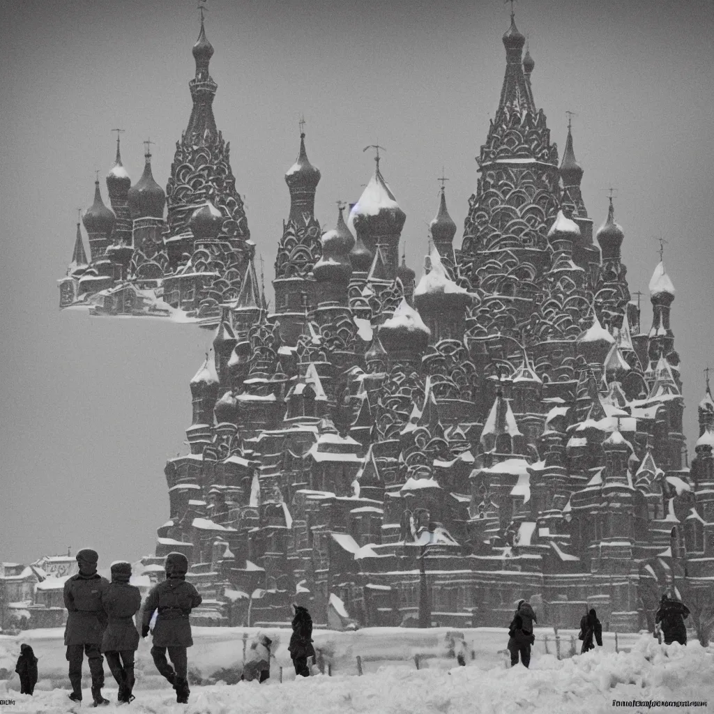 Prompt: minions serving under stalin, with a background of the kremlin in snow, sepia tone picture