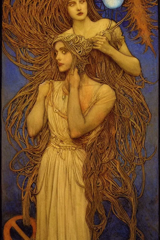 Image similar to goddess of the moonlit dead with her lantern and regalia, by Annie Swynnerton and Nicholas Roerich and jean delville, dramatic cinematic lighting , ornate headdress , flowing robes, lost civilizations, extremely detailed