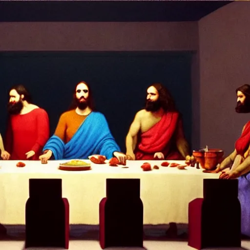 Image similar to a UHD still from an award winning film about last supper set in 2022. Directed by Stanley Kubrick and Wes Anderson, Art directed by Edward Hopper.