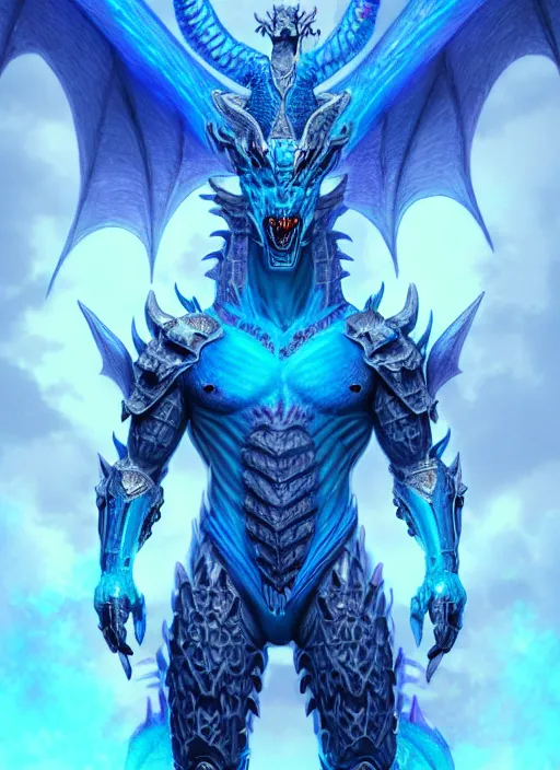 Image similar to muscular and tall blue ghostly fire humanoid dragon!!!! draconian!! intricate ornate iridescent heavy armor!! character concept art, sharp focus, octane render! unreal engine 5! highly rendered!! trending on artstation!! detailed linework!! illustration by artgerm, wlop, and chie yoshii