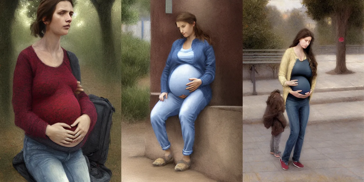 Prompt: pregnant woman in jeans and sweater waiting for the bus, ultra realistic digital art by Alyssa Monks, Bouguereau