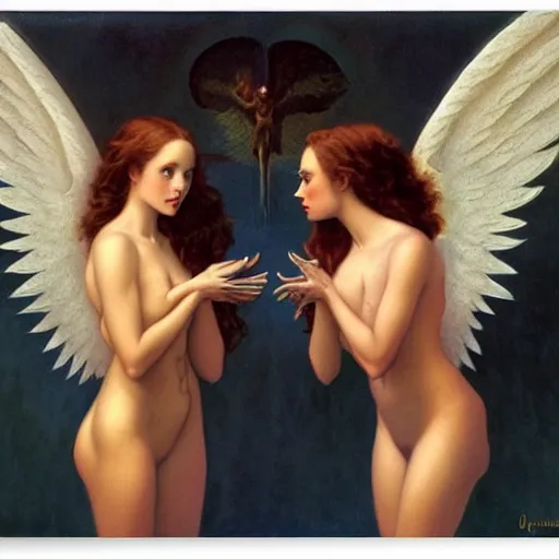 Prompt: Two angels looking at the mirror beautiful artwork by Gerald Brom