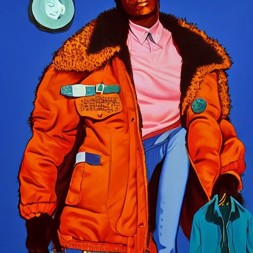 Prompt: beautiful fantasy character portrait, miles davis, bitches brew, wearing orange puffy bomber jacket with teal fur, by malti klarwein