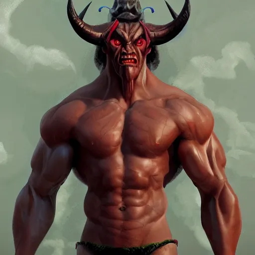 Prompt: male bodybuilder Satan wears a swimming trunks ,devil,satan, hell, landscape, environment, artstation