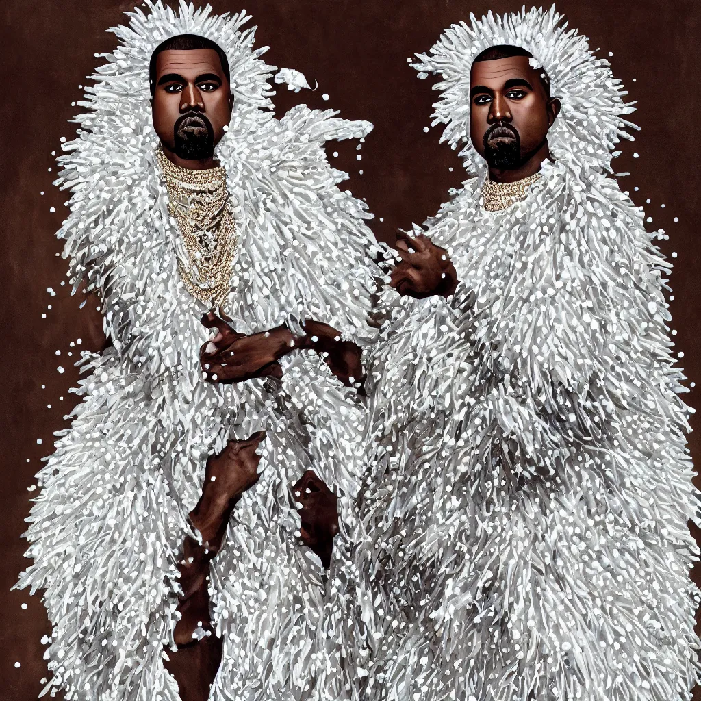 Prompt: kanye west _ with _ a _ decorated _ dress _ made _ of _ white _ pearls _ and _ white _ plumes _ of _ swan _ highly _ detailed _ digital _ painting