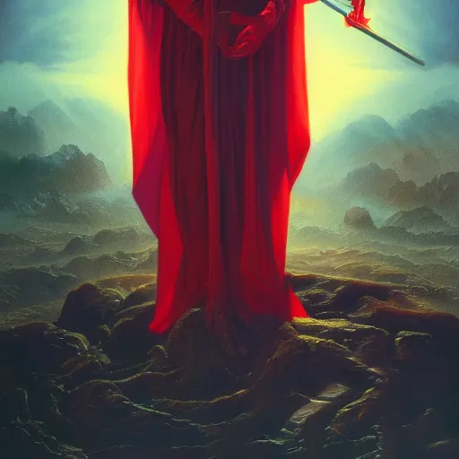 Prompt: realistic painting of a red bloody satanic figure standing in the middle of heaven by michael whelan, ultra realistic, 8 k, trending on artstation, octane renderer, mesmerizing, aesthetic, beautiful