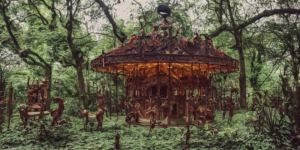 Prompt: an abandoned overgrown carousel with elaborately intricate carved wooden figures of animals, beachwood treehouse, discovered in a secret garden, hedgemaze, photo taken on fujifilm superia