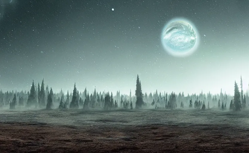 Prompt: a scene from the movie Interstellar, forest planet, epic digital art