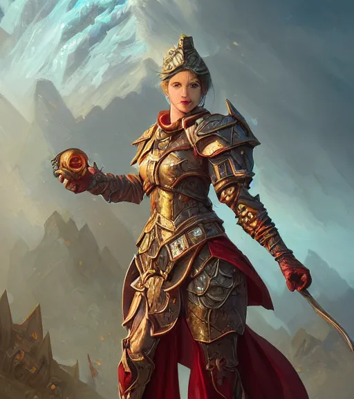 Prompt: battlemage, full armor, full body portrait, gentle, female, city landscape, d & d, fantasy, intricate, elegant, highly detailed, digital painting, red gold color palette, artstation, octane render, concept art, matte, sharp focus, illustration, hearthstone, art by artgerm and greg rutkowski and alphonse mucha