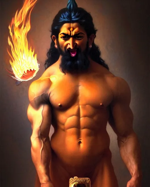 Image similar to amazing lifelike award winning realistic illustration of Angry muscular hindu God Shiva spewing fire from mouth wearing tiger skin in style of William-Adolphe Bouguereau, shiva body builder, blue skin, pumped biceps and abs, hypermuscular, trending on artstation, artgerm, Greg rutkowski, alphonse mucha, cinematic, epic Lighting, photorealistic, Octane render, Unreal Engine, Art nouveau