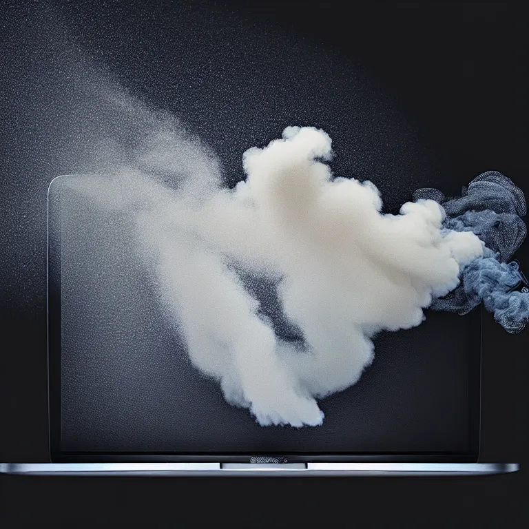 Image similar to a portrait of a macbook disintegration in dust and smoke, cinematic photography, smoke rising like clouds, beautifully symmetrical, super resolution, cgi, volumetric lighting & shadows, hyper detailed, 8 k, unreal engine,