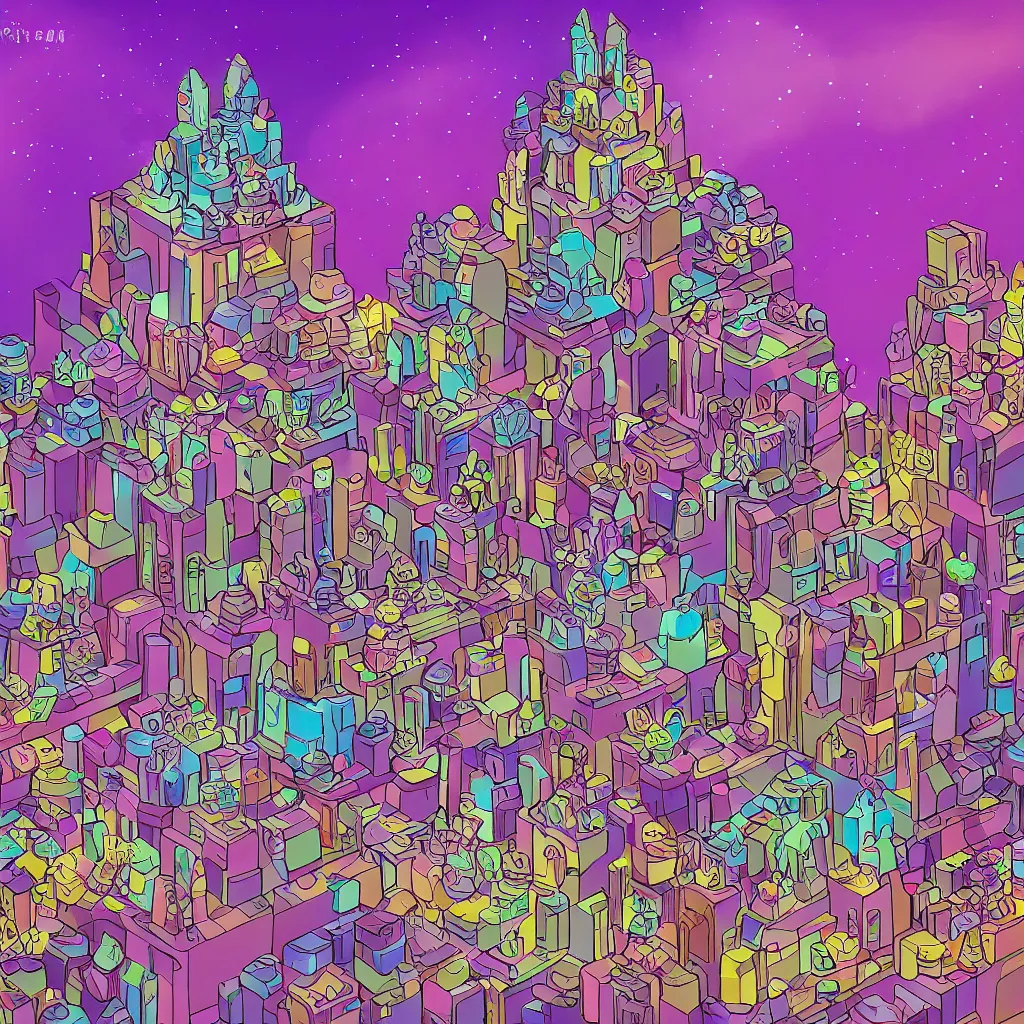 Prompt: Bismuth city wedding cake, high definition, graphic novel art, 4k, by Genndy Tartakovsky