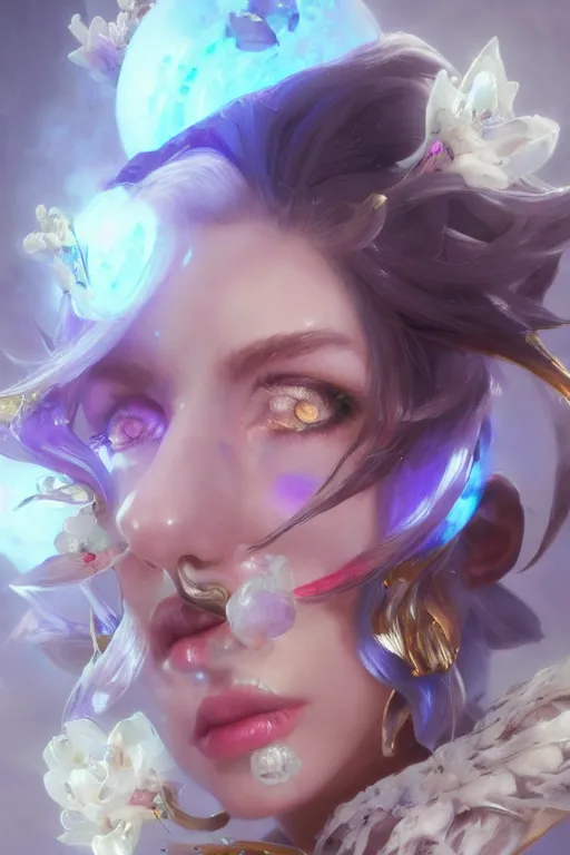 Image similar to mercy overwatch face closeup of beautiful girl necromancer, witch - doctor covered with crystals exploding into ice, 3 d render, hyper realistic detailed portrait, holding magic flowers, ruan jia, wlop. scifi, fantasy, hyper detailed, octane render, concept art, peter mohrbacher
