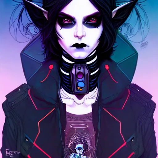 Image similar to portrait painting of a cute cyberpunk goth androgynous elf girl with beautiful flowing black hair and eyes, sharp focus, award - winning, trending on artstation, masterpiece, highly detailed, intricate. art by josan gonzales and moebius and deathburger