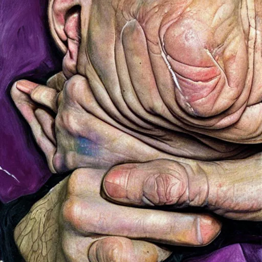 Image similar to high quality high detail painting by lucian freud, hd, purple scars