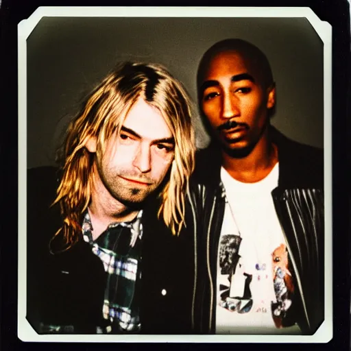 Image similar to Polaroid photograph of very Kurt Cobain!! and very Tupac Shakur!! in a club, blurry, XF IQ4, 150MP, 50mm, F1.4, ISO 200, 1/160s, Adobe Lightroom, photolab, Affinity Photo, PhotoDirector 365,