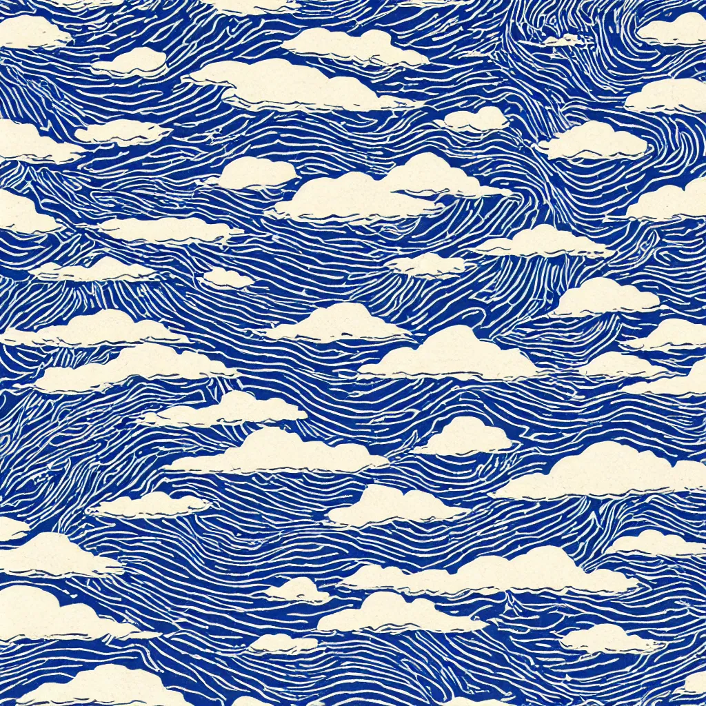 Prompt: optical illusion woodblock print, supercell clouds over the ocean stamp pattern