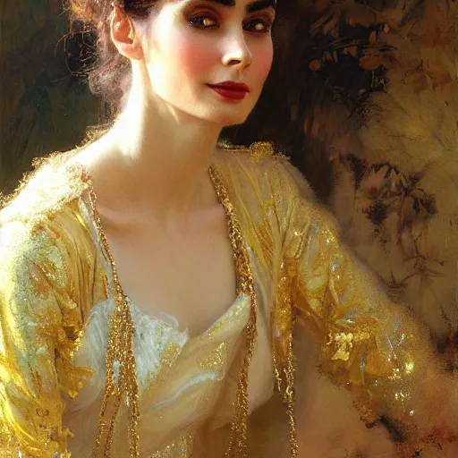 Prompt: detailed portrait of lilly collins in gold clothes, spring light, painting by gaston bussiere, craig mullins, j. c. leyendecker