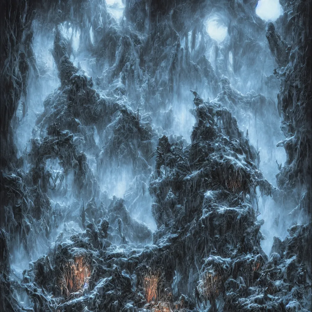 Prompt: haunted mountains of madness at night, upward cinematic angle, by rodney matthews, michael kaluta and bill sienkiewicz, ghostly darkness, thick lush winter atmosphere, stunning composition, screaming skull faces, intricate, dark eerie night color scheme, elegant, digital art, hyperdetailed, colorful hyperrealism, brilliant photorealism, horror, masterpiece, 4k